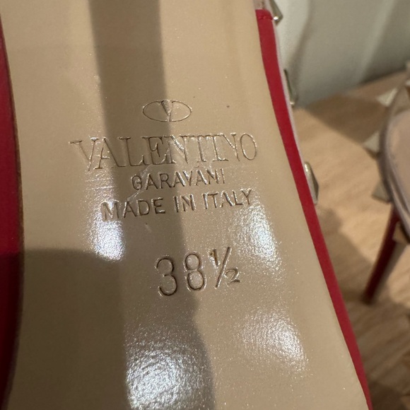 Valentino Red Pointed-Toe Rockstud T-Strap Pumps with Nude Straps - Picture 5 of 15